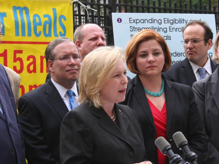 US Senator Kirsten Gillibrand addresses the press Wednesday at the High School of Graphic Communication Arts. She and City Council Speaker Christine Quinn (R) want all children to have access to healthy food. (June Kellum/The Epoch Times)