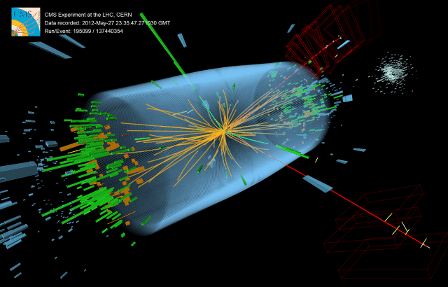 Event recorded with the CMS detector in 2012 at a proton-proton centre of mass energy of 8 TeV. The event shows characteristics expected from the decay of the SM Higgs boson to a pair of Z bosons, one of which subsequently decays to a pair of electrons (green lines and green towers) and the other Z decays to a pair of muons (red lines). The event could also be due to known standard model background processes. (CERN) 