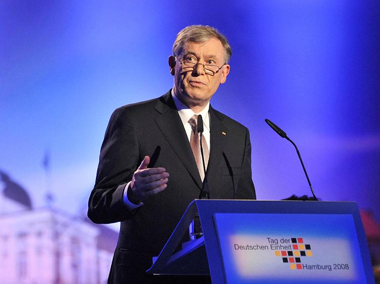 German President Horst Koehler gives a speech during festivities to celebrate the German Unification Day on October 3, 2008 in Hamburg. (Guido Bergmann/AFP/Getty Images)