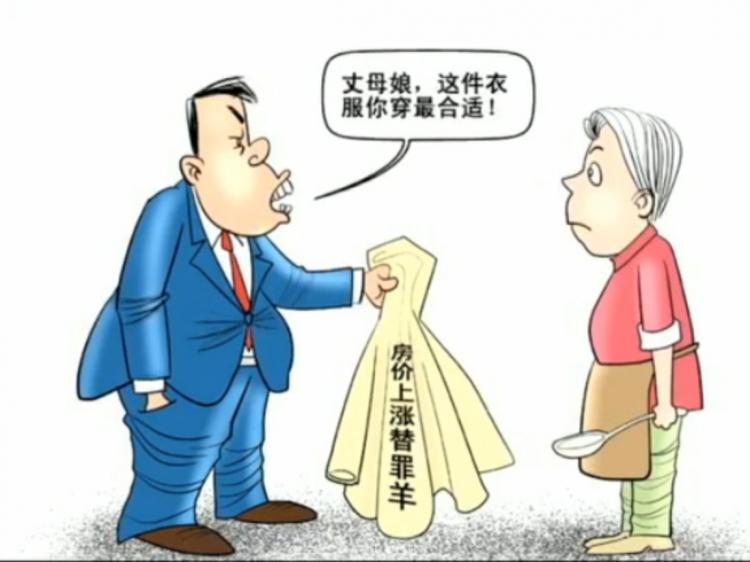 One of the cartoons circulating online making light of Gu Yunchang's remarks.  The man says 'Mother-in-law, this clothing is most suitable for you to wear!' The writing on the clothing says 'Rising houseprice scapegoat.' (NTDTV)