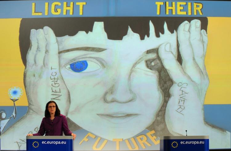 EU commissioner for Home Affairs Cecilia Malmstrom gives a press conference on Human trafficking and child pornography at the EU headquarters in Brussels. Criminal groups make $3 billion per year in human trafficking in Europe.  (Georges Gobet/Getty Images)