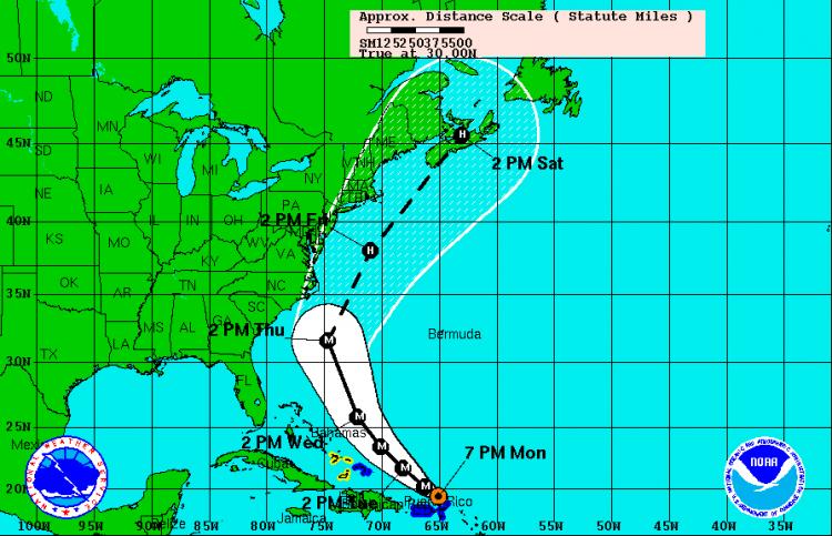 HURRICANE COMING: Hurricane Earl is forecast to run almost parallel to the U.S. East Coast, starting with North Carolina. It may reach the Canadian Maritime provinces by Saturday morning. This image shows a five-day forecast of the hurricane's path.   (Courtesy of NOAA)