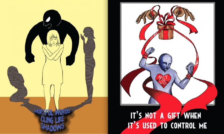 (L) Hurtful words can cling like shadows, causing victims of emotional and verbal abuse to feel like they are worthless. (R) Gifts and money can be used to control or manipulate a partner in relationships. These posters are part of 'Love Should Always Be Safe,' a project meant to educate youth and the public about relationship abuse issues.   (Groundswell Community Mural Project )