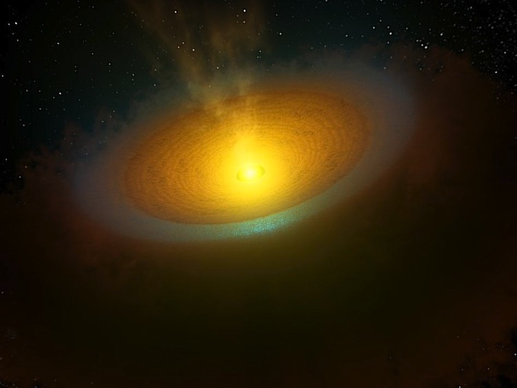 Artist's concept illustrating an icy planet-forming disk around a young star called TW Hydrae, located about 175 light-years away in the Hydra constellation. (NASA/JPL-Caltech)