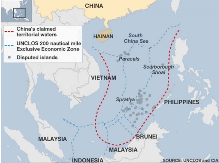 A map showing waters disputed by China in the South China Sea