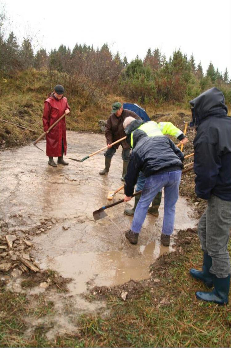 CLEARING AN ANCIENT PATH: Archeologists clear the tracks of Sauropod dinosaurs in Plagne, France. (Courtesy of the Naturalists Society of Oyonnax)