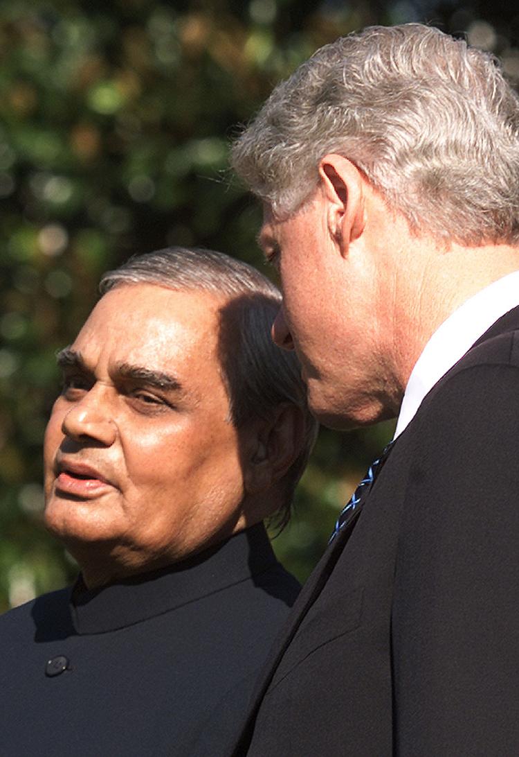 In this file photo Atal Behari Vajpayee chats with US President Bill Clinton at the White House in Washington DC in September 2000. (Mark Wilson/Newsmakers)