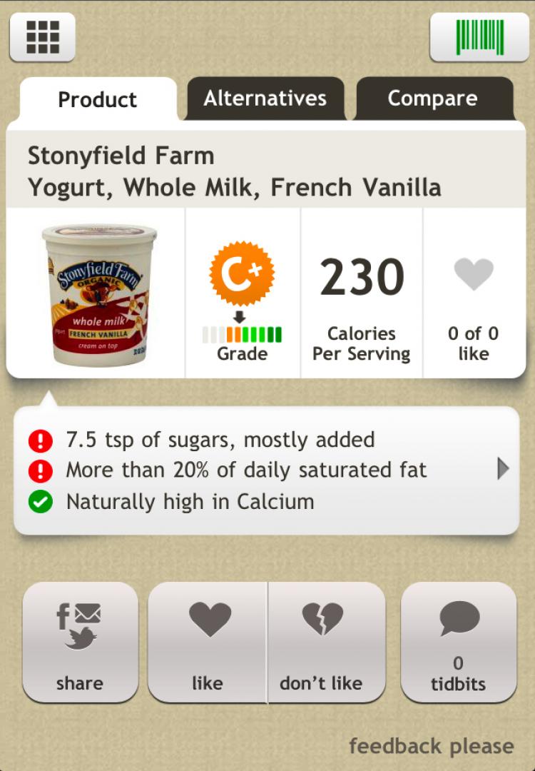 A HEALTHIER CHOICE: A screen-shot of the Fooducate app running on an iPhone. The app allows users to scan the barcodes of food items, and will display health information about its ingredients. (Tan Truong/The Epoch Times)