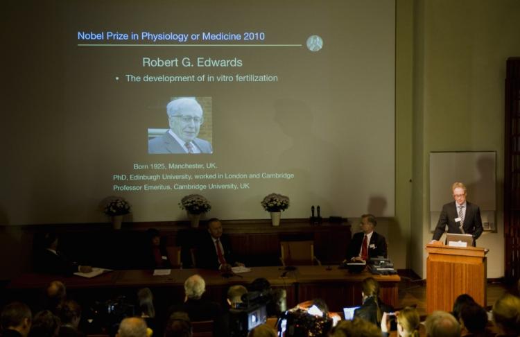 IVF doctors and many more lauded the work of Dr. Robert Edwards, who got the Nobel Peace Prize in Medicine on Monday. (Johnathan Nackstrand/AFP/Getty Images)