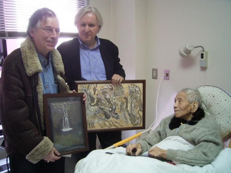 DOUBLE SURVIVOR: (L-R) Charles Pellegrino and James Cameron visit with Yamaguchi Tsutomu , a survivor of both atomic bombings in Hiroshima and Nagasaki. Pellegrino has written a book about Tsutomu's experience, and Cameron is reported to be developing a film on the subject. (Courtesy of Takiseeds)