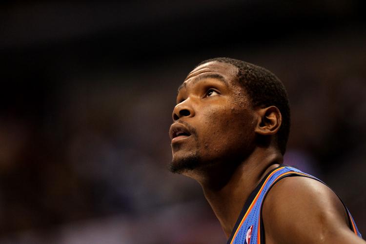 Kevin Durant #35 of the Oklahoma City Thunder looks on during the game with the Los Angeles Clippers at Staples Center on November 3, 2010 in Los Angeles, California. (Stephen Dunn/Getty Images)