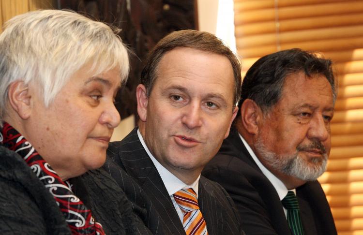 New Zealand Prime Minister elect John Key (C) speaks with Maori Party co-leaders Tariana Turia (L) and Dr. Pita Sharples (R) during a press conference at Parliament House November 16, 2008 in Wellington. (Marty Melville/Getty Images )