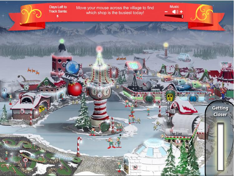 A screetshot of Kids' Countdown Village at www.noradsanta.org