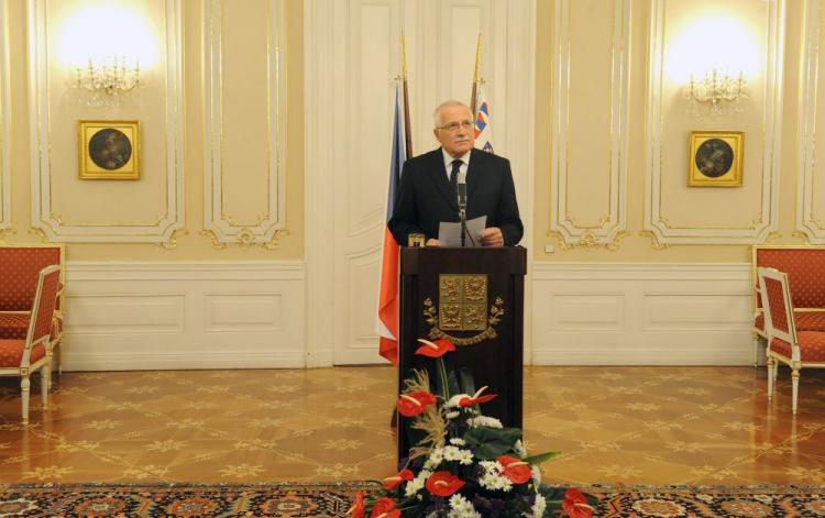 Czech President Vaclav Klaus reads a statement on Tuesday at Prague Castle in the capital city of the Czech Republic. (Michal Cizek/AFP/Getty Images)