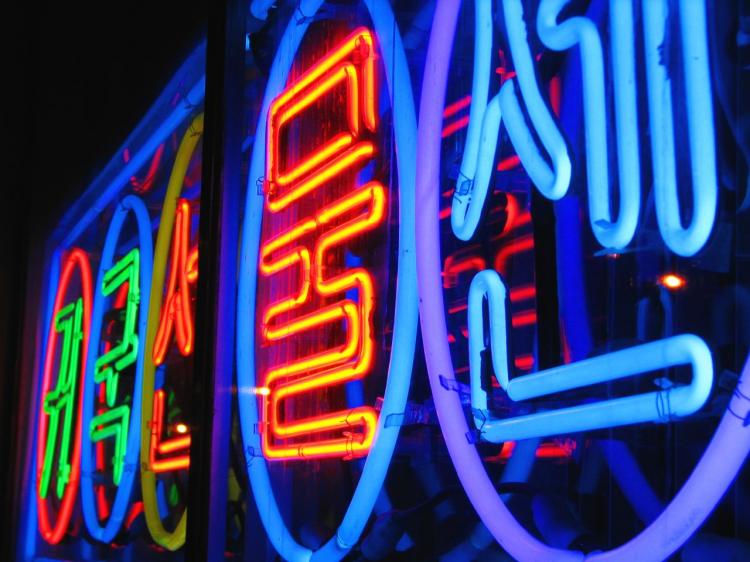 Korean characters light up Mission Blvd. in Hayward, California. Linguists call Korean writing the most logical writing system in the world. (Photo courtesy of Patrick Boury )