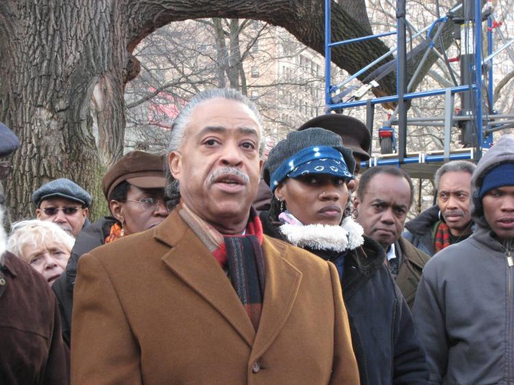 The Rev. Al Sharpton protests the possible removal of Councilman Charles Barron as Higher Education Committee chair.  (Stephanie Lam/The Epoch Times)
