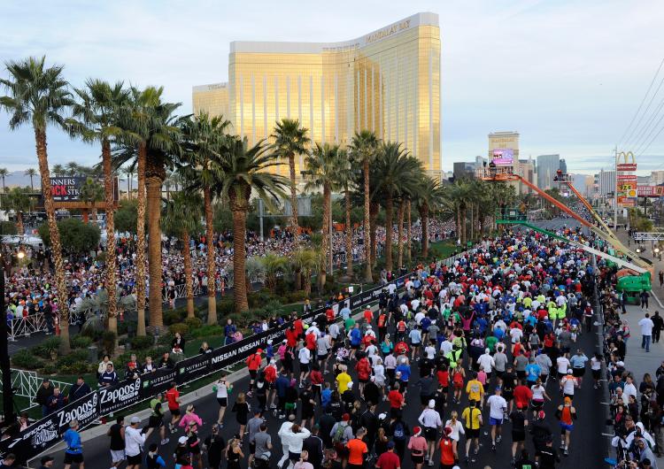 Las Vegas Marathon: Runners fill the Las Vegas Strip at the start of the Zappos.com Rock 'n' Roll Las Vegas Marathon and Half-Marathon December 5, 2010 in Las Vegas, Nevada. The race benefits the Crohn's & Colitis Foundation of America.  (Ethan Miller/Getty Images)