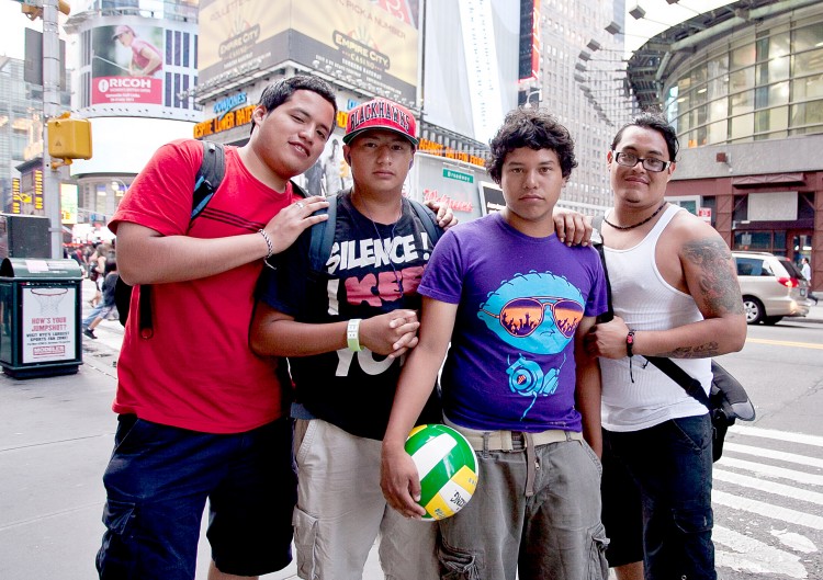 YOUNG AND LATINO: Frank Taco, 21, Luis Guzman, 15, Jesus Mendez, 18, and Armando Guzman, 28 in Times Square on Thursday. Mayor Bloomberg launched a $127 public-private initiative on Thursday to help close the gap between young Latino and black males and their peers. (Amal Chen/The Epoch Times) YOUNG AND LATINO: Frank Taco, 21, Luis Guzman, 15, Jesus Mendez, 18, and Armando Guzman, 28 in Times Square on Thursday. Mayor Bloomberg launched a $127 public-private initiative on Thursday to help close the gap between young Latino and black males and their peers. (Amal Chen/The Epoch Times)