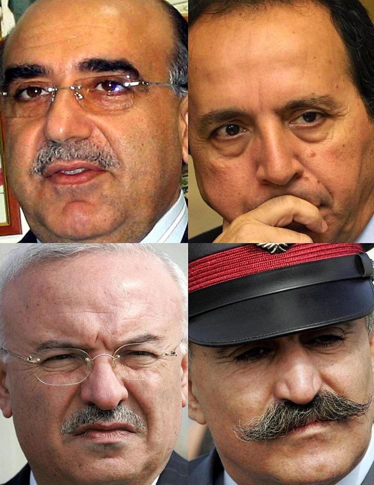 Lebanese ex-security chiefs Mustafa Hamdan (top-L), Jamil al-Sayyed (top-R), Ali Hajj (bottom-R), and Raymond Azar, who had been detained since August 2005 in connection with the bomb blast that killed former Lebanese premier Rafiq Hariri and 22 others.   (Joseph Barrak/AFP/Getty Images)