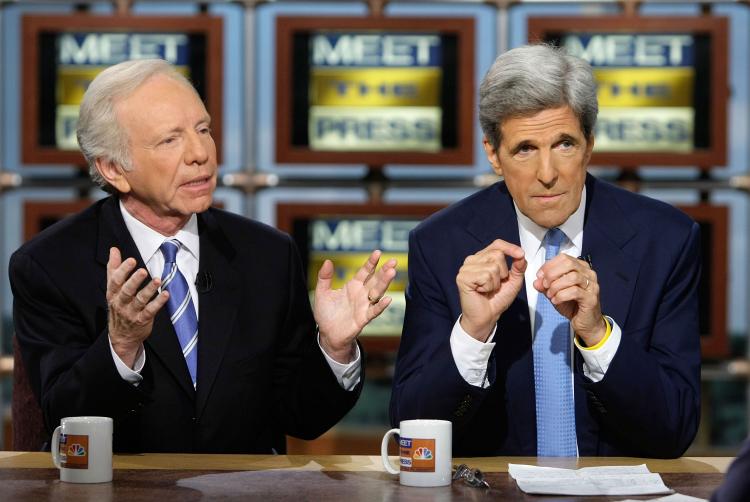 U.S. Sen. Joseph Lieberman (I-CT) (L), a supporter of presidential hopeful Sen. John McCain (R-AZ), debates with Sen. John Kerry (D-MA) (R), a supporter of presidential hopeful Sen. Barack Obama (D-IL), during a taping of 'Meet the Press' at the NBC studi (Alex Wong/Getty Images)