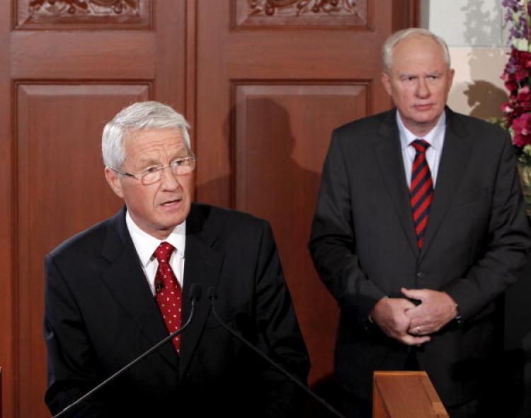 The chairman of the Norwegian Nobel Committee Thorbjoern Jagland (L) announces the winner of the Nobel Peace Prize for 2010, Liu Xiaobo, at the Nobel Institute in Oslo on October 8, 2010. (Hakon Mosvold Larsen/AFP/Getty Images)