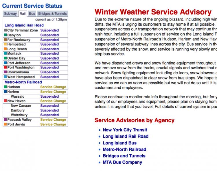 Long Island Rail Road: A screenshot of Long Island Rail Road's status on mta.info
