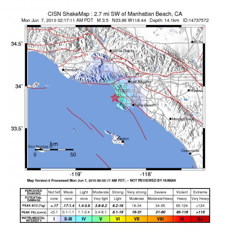 A graphic depicting the intensity of the Monday, June 7 earthquake in Los Angeles, CA, which measured 3.5 on the Richter scale. (Courtesy of Usgs.gov)