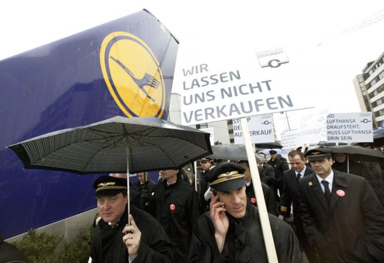 Lufthansa, Lufthansa Cargo und Germanwings pilots demonstrate at Frankfurt International Airport on February 22, 2010 in Frankfurt. (Ralph Orlowski/Getty Images)