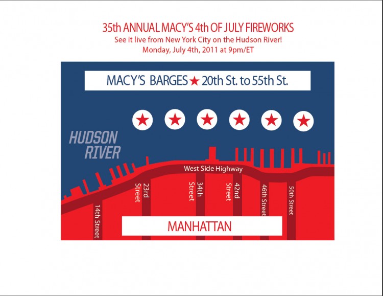 Map of where the 35th Annual Macy's 4th of July Fireworks can be seen on Monday, July 4, 2011. (Courtesy of Macy's )