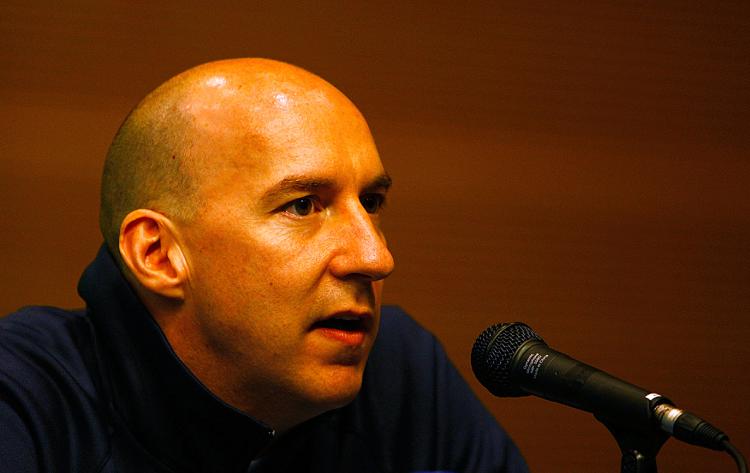 Authorities in Beijing block Chinese media from reporting on the murder of the father-in-law of United States volleyball coach, Hugh McCutcheon, here speaking at a USOC press conference in Beijing.  (Cameron Spencer/Getty Images)