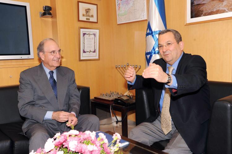 In this handout image from the U.S. Embassy Tel Aviv, Israeli Defense Minister Ehud Barak (R) receives U.S. Mideast envoy George Mitchell during their meeting on May, 6 in Tel Aviv, Israel. (Matty Stern/U.S. Embassy Tel Aviv via Getty Images )
