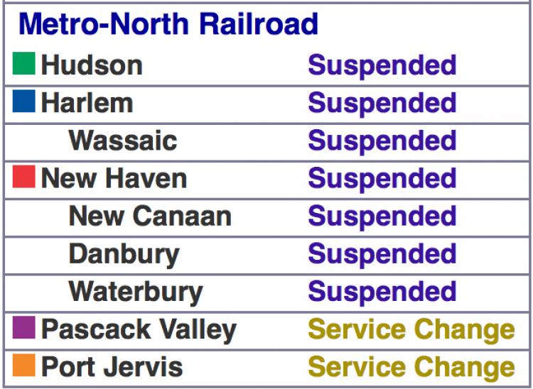 A screenshot of Metro-North Railroad's status on mta.info