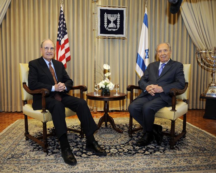 In this image from U.S. Embassy Tel Aviv, special envoy George Mitchell (L) poses for a photograph with Israeli President Shimon Peres during a meeting at the King David Hotel in Jerusalem, Israel.  (Matty Stern/U.S. Embassy Tel Aviv via Getty Images)