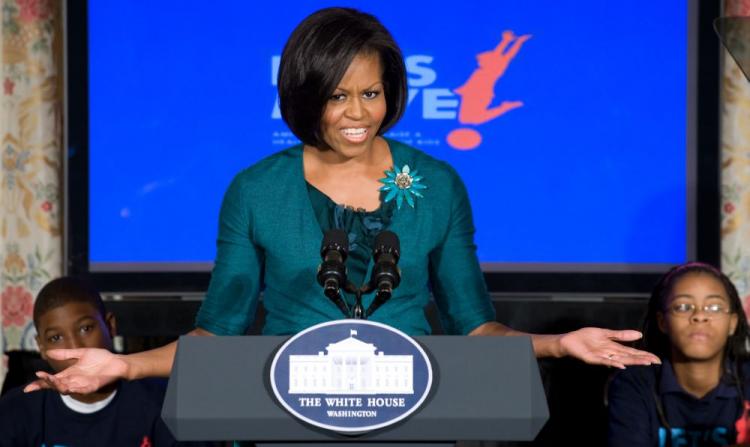 First Lady Michelle Obama speaks about her initiative, 'Let's Move,' a campaign to help combat childhood obesity, during an event in the State Dining Room of the White House in Washington, DC, February 9, 2010. (Saul Loeb/AFP/Getty Images) First Lady Michelle Obama speaks about her initiative, 'Let's Move,' a campaign to help combat childhood obesity, during an event in the State Dining Room of the White House in Washington, DC, February 9, 2010. (Saul Loeb/AFP/Getty Images)