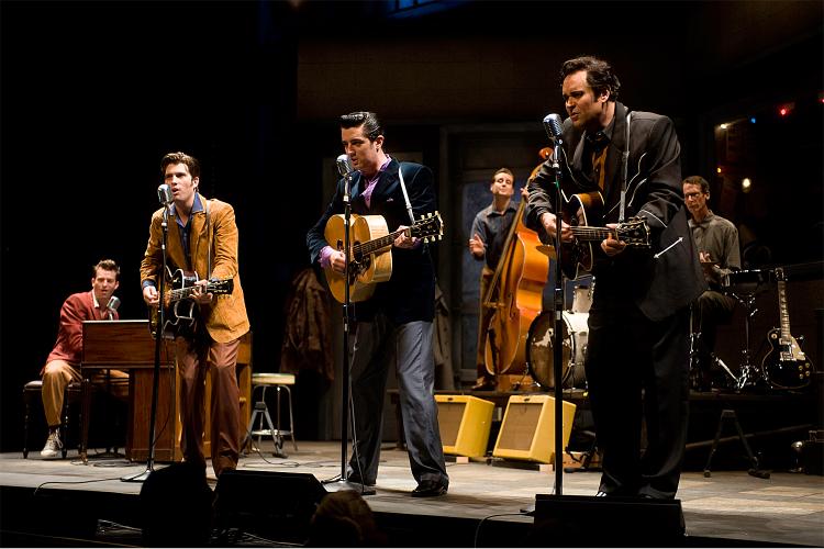 (L-R) Levi Kreis as Jerry Lee Lewis, Rob Lyons as Carl Perkins, Eddie Clendening as Elvis Presley, and Lance Guest as Johnny Cash. (Paul Natkin)