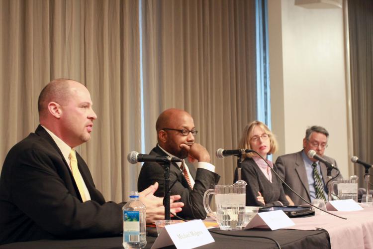 UFT President Michael Mulgrew (L) discussed the state of city schools and their future with a panel of journalists at The New School for Management and Urban Policy in New York City on Wednesday.  (Tara MacIsaac/The Epoch Times)