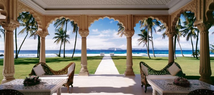 DREAMLAND: 'Private Residence, Mustique, West Indies,' Doug Patterson Architecture. This image shows the Mogul-style residence of Sergei Kauzov, who, according to Frances, had fallen in love with Christina Onassis when he was a young Russian naval officer. Christina's father did not approve of their marriage and gave Kauzov an oil tanker to go away. Kauzov built it into a fleet of oil tankers and became very wealthy. (Courtesy of Scott Frances)