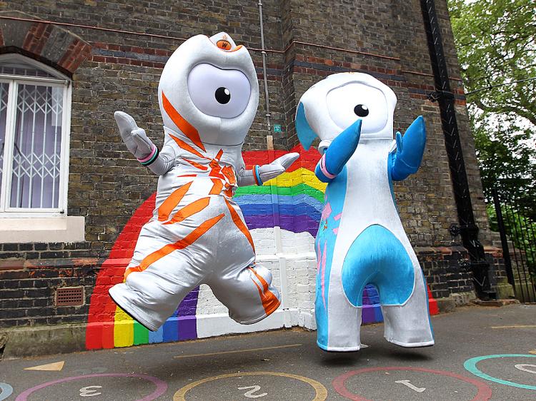 Olympic mascot Wenlock (L) and Paralympic mascot Mandeville pose for photographs after being unveiled at St. Paul's Whitechapel Church of England Primary School in London. (Julian Finney/Getty Images)