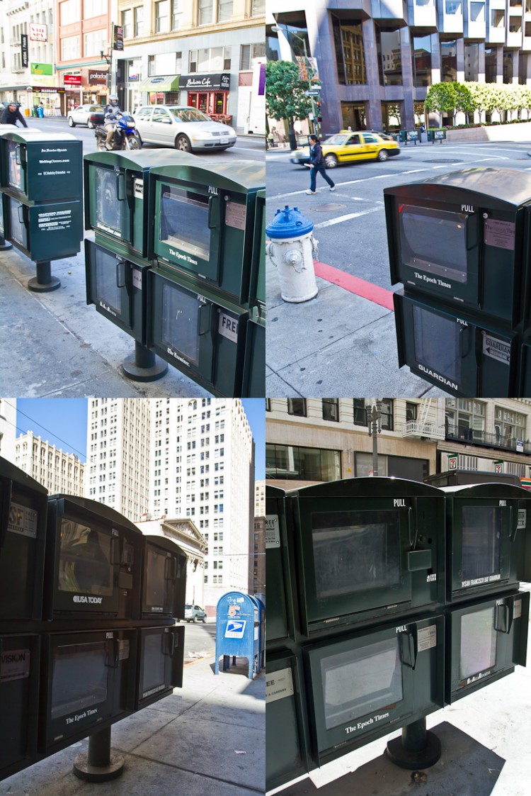 A montage of photos of four empty Epoch Times newspaper boxes in the Financial District in San Francisco, taken on Aug. 22. (Jan Jekielek/The Epoch Times)