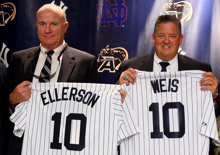 ARMY VS. NOTRE DAME: Rich Ellerson and Charlie Weis are presented with Yankee jerseys. (Jim McIsaac/Getty Images) ARMY VS. NOTRE DAME: Rich Ellerson and Charlie Weis are presented with Yankee jerseys. (Jim McIsaac/Getty Images)