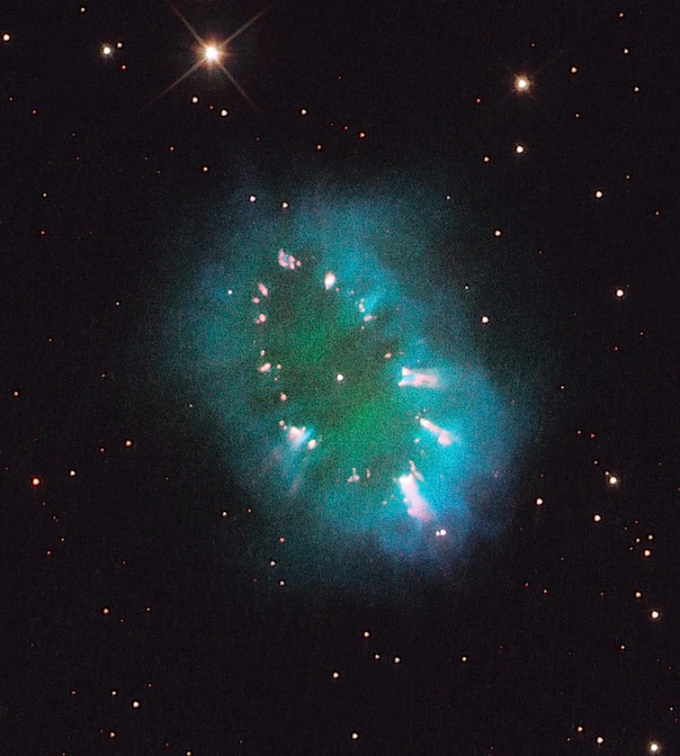 Composite image of the Necklace Nebula taken on July 2 by Hubble's Wide Field Camera 3, showing the glow of hydrogen (blue), oxygen (green), and nitrogen (red). (NASA, ESA, Hubble Heritage Team, STScI/AURA)