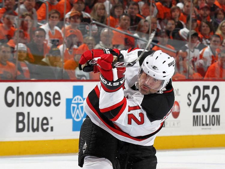 GOAL: Brian Rolston of the New Jersey Devils scored the winning goal in the second period against the New York Rangers on Thursday. (Bruce Bennett/Getty Images )