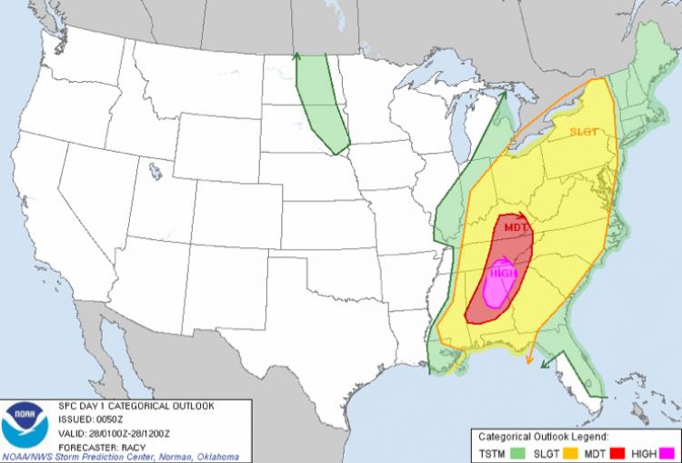 The Storm Prediction Center is forecasting severe thunderstorms over parts of the Gulf States northward through the Ohio Valley and eastward into the Appalachians through late Wednesday evening. (NOAA)