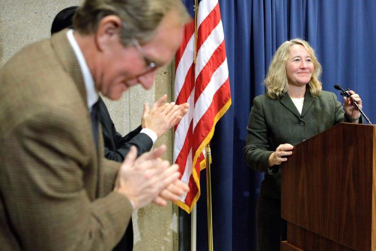 Professor Carol Greider talks at a news conference about winning the 2009 Nobel Prize in Physiology or Medicine on October 5. Greider shares the prize with fellow Americans Elizabeth Blackburn and Jacks Szostack.  (Chip Somodevilla/Getty Images)