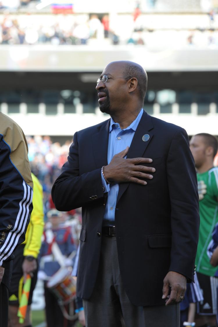 Mayor Michael Nutter of Philadelphia observes the National Anthem before the a game on April 10. On May 13 of this year, Mayor Nutter urged Philadelphians to vote 'yes' on May 18 to abolish the BRT.  (Drew Hallowell/Getty Images)