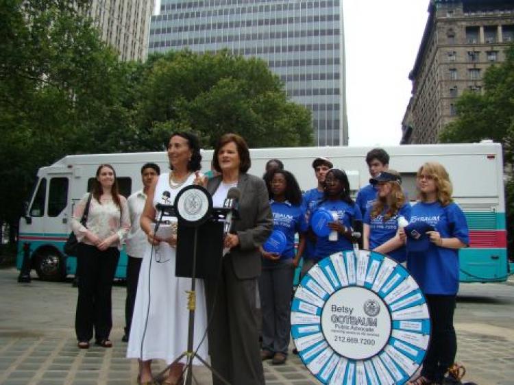 HEALTH FIRST:Public Advocate Betsy GotbaumLeading staff members from the Community Health Network announce the start of the Healthy Kids Summer Wellness Tour. (Community Health Network) ()