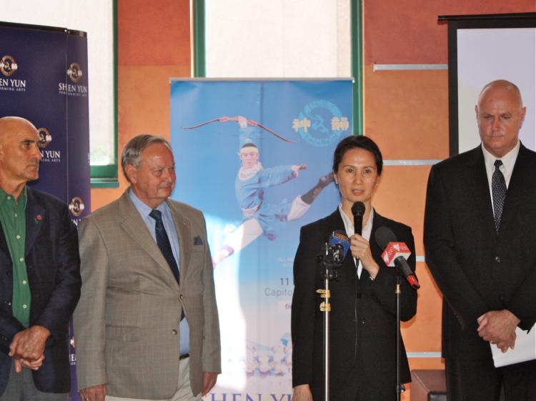 (L to R) State MLC's Ian Cohen and Dr. Gordon Moyes, Vina Lee and John Deller at a press conference held at the Capitol Theatre on Feb 21. (The Epoch Times)