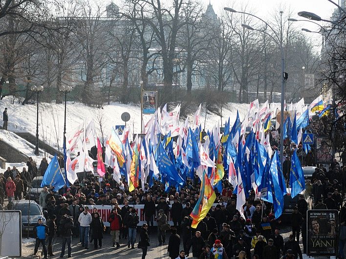 An opposition party meeting against president Viktor Yanukovych's politics was held in Kyiv, Ukraine on Feb. 25, 2013. Yanukovych answered questions from citizens that seemed to be written by the government, in a 