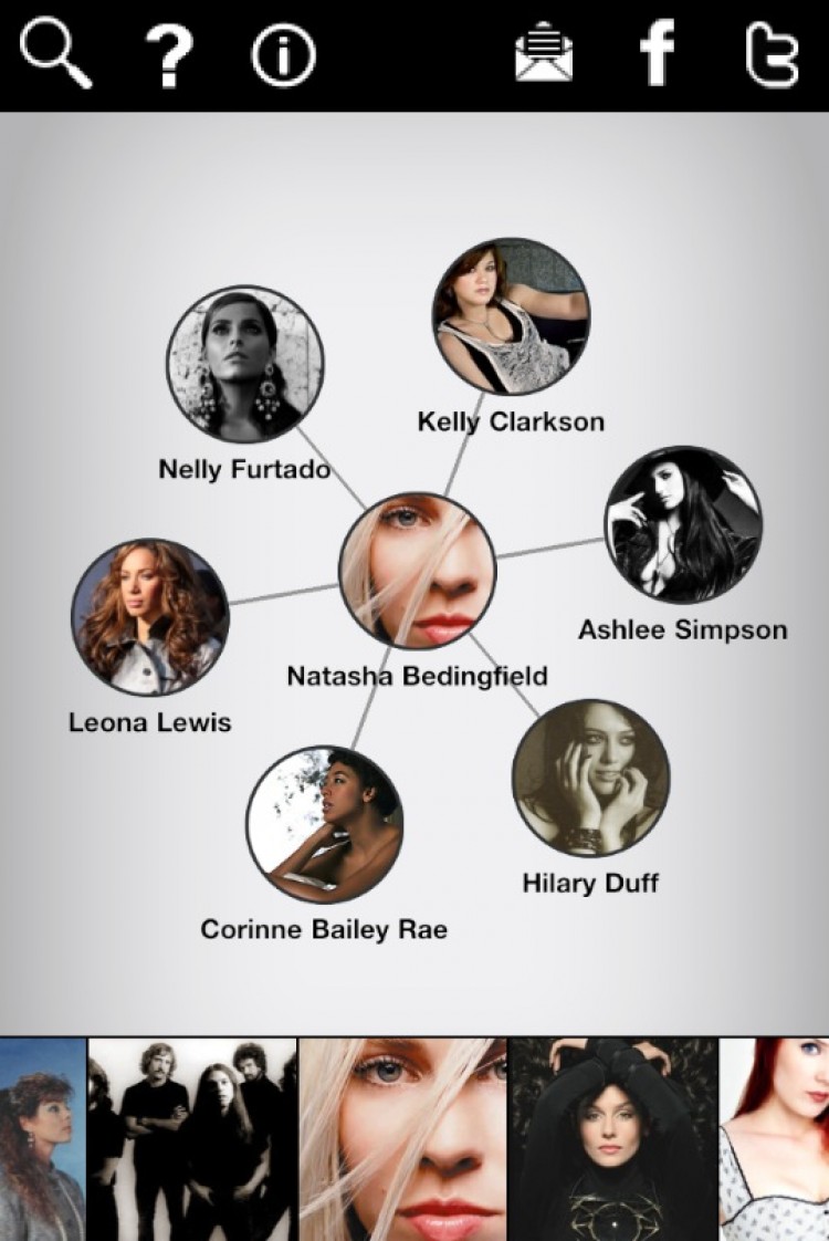 The artist screen of Discovr Music lets users enter the name of an artist and see related artists radiating from their image. (Tan Truong/The Epoch Times)