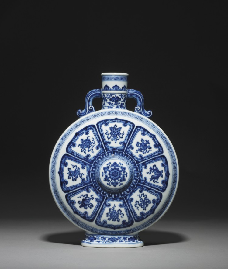 A rare blue-and-white Ming-style moon flask, Qianlong seal mark in underglaze blue, of the period (1736-1795) sold for $2,658,500. Its pre-sale estimate was $500,000 to $700,000. (Courtesy of Christie's)